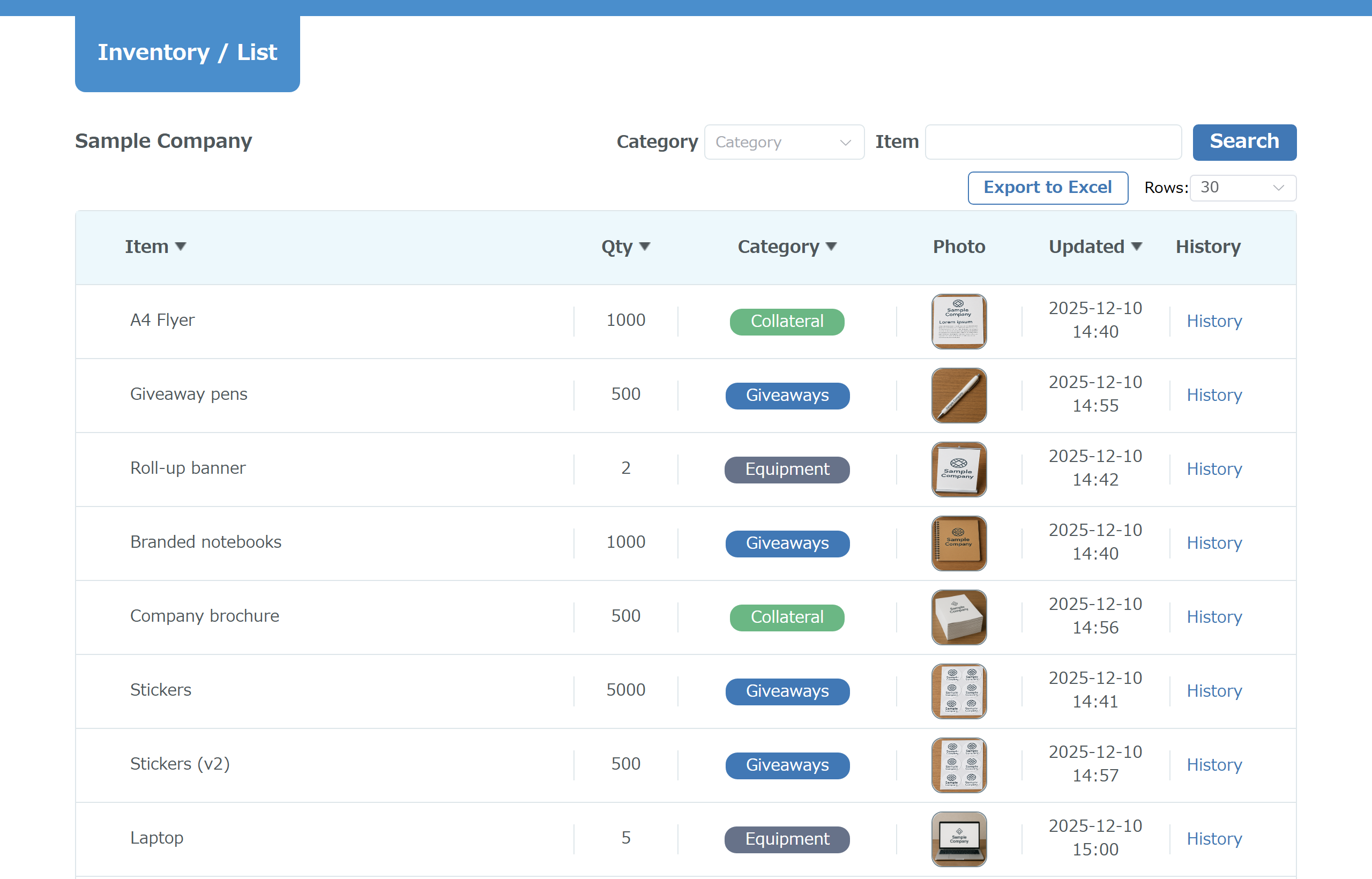 Inventory system screen listing item names, quantities, categories, photos and last-updated dates